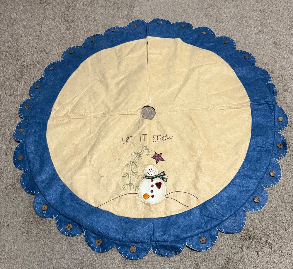 48” Primitive Snowman Christmas Tree Skirt Let It Snow Felt Country Farmhouse